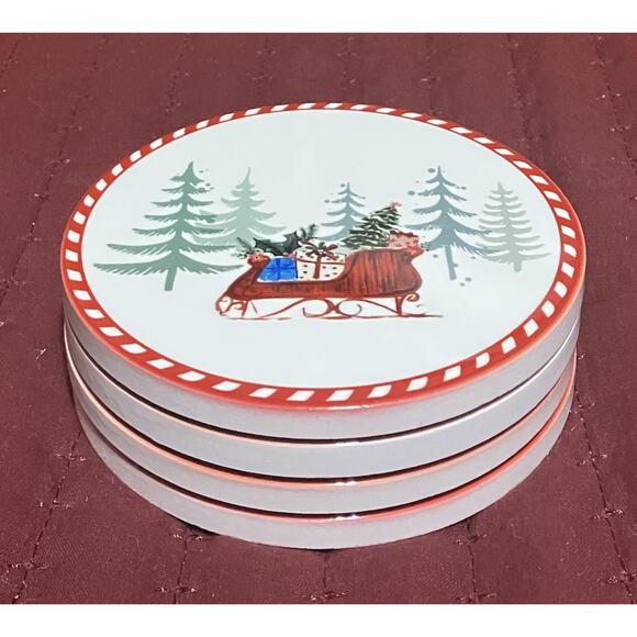Ceramic Christmas Coasters with Cork Backing Classic Holiday Motif Set of 4 - Picture 1 of 8
